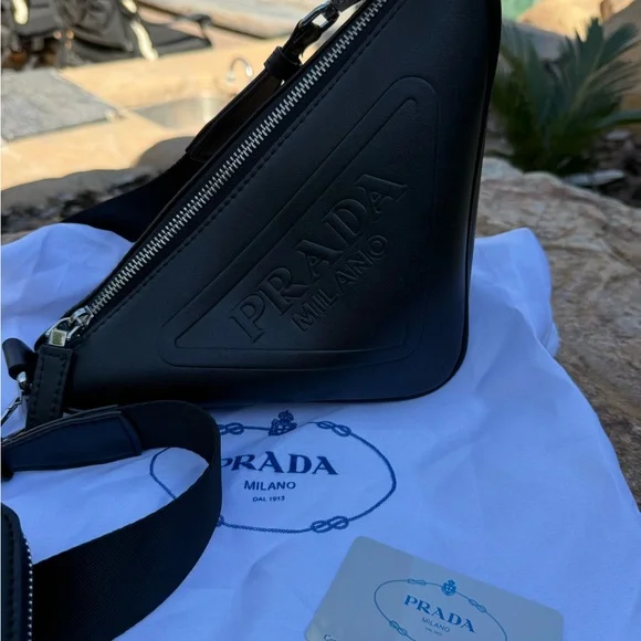 Genuine vegan leather PRADA Black triangle Sling Bag with detachable Logo mini - Picture 5 of 13